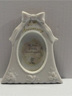 50th Anniversary White Ceramic Picture Frame with Bow by Russ